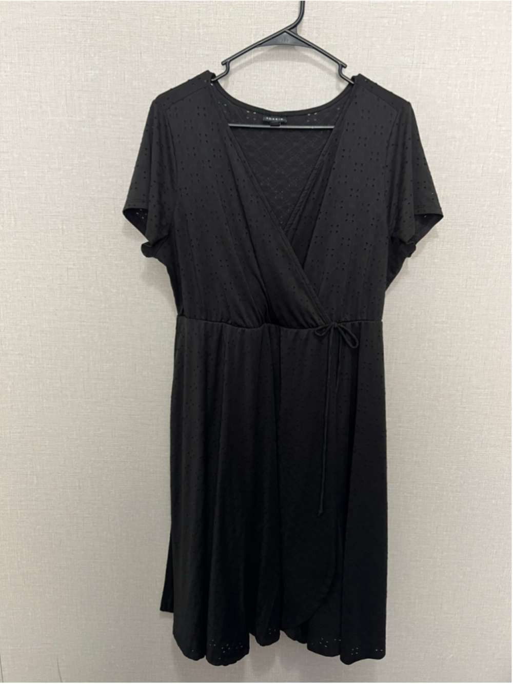 Torrid Black Eyelet Faux Wrap V-Neckline Short Sleeve Fit And Flare Midi Dress